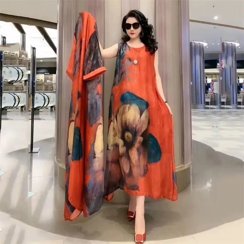 GraceBloom: Elegant Print Two-Piece Summer Dress Set for Women