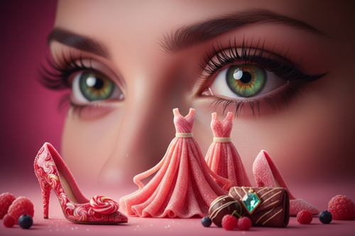 Beautiful green eyes looking at shoes and clothes like candy